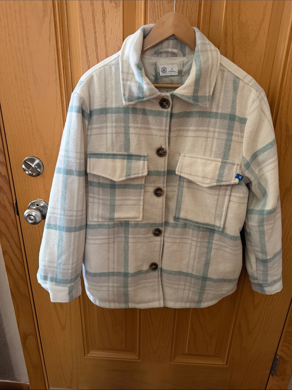 Hurley Cream & Light Blue Plaid Women’s Shacket Jacket HIR048GIY